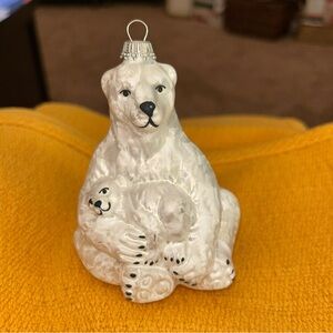 Krebs Glass German Polar Bear w Cub Blown Glass Vintage Christmas Ornament 4”